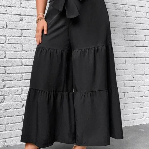 4X Plus Size Black Ruffle Hem Tie Front Wide Leg Pants - Picture 4 of 6